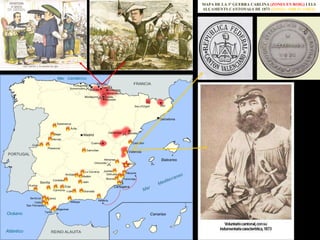 MAPA DE LA 3º GUERRA CARLINA  (ZONES EN ROIG)  I ELS ALÇAMENTS CANTONALS DE 1873  (ZONES AMB FLAMES) 