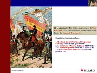 HHIISSTTÒÒRRIIAA DD’’EESSPPAANNYYAA 
S’estableixen les següents fases: 
1. Revolució, Govern Provisional i regència de 
Serrano (setembre 1868- gener 1871). 
2. La monarquia d’Amadeu de Savoia (1871-1873). 
3. La Primera República (febrer 1873- gener 1874) 
4. El presidencialisme de Serrano (gener 1874- 
gener de 1875. 
 