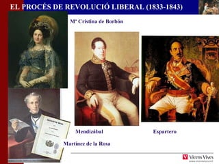 EL PROCÉS DE REVOLUCIÓ LIBERAL (1833-1843) 
HHIISSTTÒÒRRIIAA DD’’EESSPPAANNYYAA 
Mª Cristina de Borbón 
Mendizábal Espartero 
Martínez de la Rosa 
 