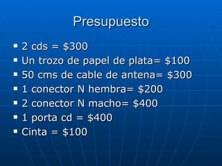 Presupuesto 2 cds = $300 Un trozo de papel de plata= $100 50 cms de cable de antena= $300 1 conector N hembra= $200 2 conector N macho= $400 1 porta cd = $400 Cinta = $100 