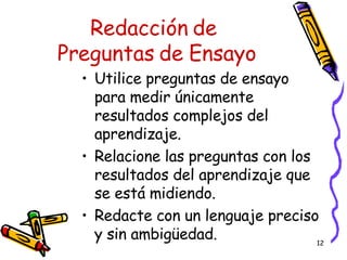 Redacción de  Preguntas de Ensayo Utilice preguntas de ensayo para medir únicamente resultados complejos del aprendizaje. Relacione las preguntas con los resultados del aprendizaje que se está midiendo. Redacte con un lenguaje preciso y sin ambigüedad. 