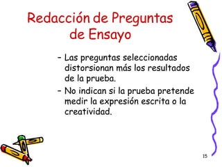 Redacción de Preguntas de Ensayo Las preguntas seleccionadas distorsionan más los resultados de la prueba. No indican si la prueba pretende medir la expresión escrita o la creatividad. 