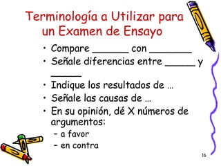 Terminolog í a a Utilizar para un Examen de Ensayo  Compare ______ con _______ Señale diferencias entre _____ y _____ Indique los resultados de … Señale las causas de … En su opinión, dé X números de argumentos:  a favor en contra 