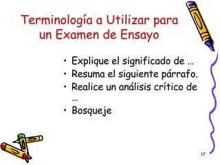 Terminolog í a a Utilizar para un Examen de Ensayo Explique el significado de … Resuma el siguiente párrafo. Realice un análisis crítico de … Bosqueje 