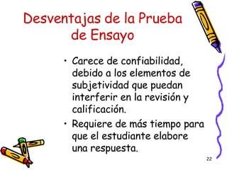 Desventajas de la Prueba de Ensayo Carece de confiabilidad, debido a los elementos de subjetividad que puedan interferir en la revisión y calificación. Requiere de más tiempo para que el estudiante elabore una respuesta. 
