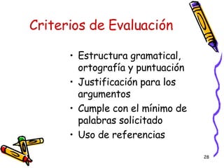 Criterios de Evaluación Estructura gramatical, ortografía y puntuación Justificación para los argumentos Cumple con el mínimo de palabras solicitado Uso de referencias 