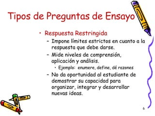 Tipos de Preguntas de Ensayo Respuesta Restringida Impone límites estrictos en cuanto a la respuesta que debe darse.  Mide niveles de comprensi ó n, aplicaci ó n y análisis.  Ejemplo:  enumere, define, d é  razones No da oportunidad al estudiante de demostrar su capacidad para organizar, integrar y desarrollar nuevas ideas. 