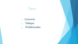 Tipos
1. Concreto
2. Tabique
3. Prefabricadas
 