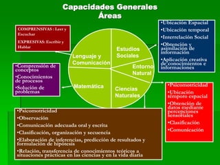 Capacidades Generales
Áreas
Lenguaje y
Comunicación
Estudios
Sociales
Entorno
Natural
Ciencias
Naturales
Matemática
COMPRENSIVAS : Leer y
Escuchar
EXPRESIVAS: Escribir y
Hablar
•Ubicación Espacial
•Ubicación temporal
•Interrelación Social
•Obtención y
asimilación de
información
•Aplicación creativa
de conocimientos e
informaciones
•Psicomotricidad
•Ubicación
témporo espacial
•Obtención de
datos mediante
percepciones
sensoriales
•Clasificación
•Comunicación
•Psicomotricidad
•Observación
•Comunicación adecuada oral y escrita
•Clasificación, organización y secuencia
•Elaboración de inferencias, predicción de resultados y
formulación de hipótesis
•Relación, transferencia de conocimientos teóricos a
situaciones prácticas en las ciencias y en la vida diaria
•Comprensión de
conceptos
•Conocimientos
de procesos
•Solución de
problemas
 