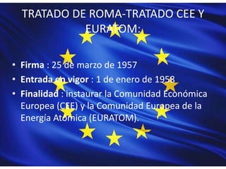 TRATADO DE ROMA-TRATADO CEE Y
EURATOM:
• Firma : 25 de marzo de 1957
• Entrada en vigor : 1 de enero de 1958
• Finalidad : instaurar la Comunidad Económica
Europea (CEE) y la Comunidad Europea de la
Energía Atómica (EURATOM).
 