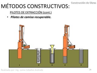 MÉTODOS CONSTRUCTIVOS:PILOTES DE EXTRACCIÓN (cont.)Pilotes de camisa recuperable.29Construcción de ObrasRealizado por: Ing. Jaime Ceballos Andrade