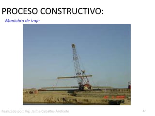 FORMA DE TRABAJO (cont.):36Pilotes de defensaSon parte integrante de estructuras que se deforman elásticamente bajo cargas dinámicas, que les confiere gran capacidad de amortiguación de energía y les permite proteger estructuras frente al agua (muelles), del impacto de embarcaciones y otros elementos flotantes masivos. Frecuentemente se usa la madera. Realizado por: Ing. Jaime Ceballos Andrade