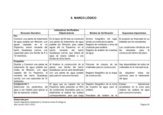 6. MARCO LÓGICO 
Resumen Narrativo 
Indicadores Verificables 
Objetivamente 
Medios de Verificación 
Supuestos Importantes 
Fin: 
Construir una planta de tratamiento 
de agua potable por filtración, con 
aguas captadas en el río 
Payamino, sector noroeste del 
barrio Guadalupe Larriva, con 
capacidad para una familia de 6 a 
10 miembros. 
En el lapso de 60 días se construirá 
una planta de tratamiento de agua 
potable por filtración, para captar 
aguas del río Payamino, en el 
sector noroeste del barrio 
Guadalupe Larriva, que dotará de 
agua de buena calidad a una 
familia de dicho barrio. 
Archivo fotográfico del lugar 
donde se construirá la planta. 
Registro de monitoreo y toma de 
muestras para análisis. 
Registro de análisis de muestras 
de agua. 
El proyecto es financiado en su 
totalidad por los estudiantes. 
Las condiciones climáticas son 
las deseadas para la 
construcción dentro del plazo. 
Propósito. 
Diseñar y Construir una planta de 
tratamiento de agua potable por 
medio de filtración, con agua 
captada del río Payamino, al 
noroeste del barrio Guadalupe 
Larriva, con una capacidad de 10 
habitantes. 
Al finalizar la construcción de la 
planta, una familia del barrio 
Guadalupe Larriva será beneficiada 
con una planta de agua potable 
apta para el consumo humano. 
Facturas de compra de los 
materiales para la construcción. 
Registro fotográfico de la etapa 
de construcción. 
Hay disponibilidad de todos los 
materiales en el mercado local. 
Se adquieren todos los 
químicos para el tratamiento 
del agua. 
Componente 1. 
Determinar los parámetros del 
agua a ser tratada para aplicar el 
tipo de operación unitaria. 
El agua que se captará del río 
Payamino debe presentar un 95% 
de condiciones favorables para su 
tratamiento al realizar los análisis 
correspondientes, para que luego 
Registro fotográfico de la toma 
de muestra de agua para el 
análisis. 
Resultado del análisis de la 
Existen laboratorios 
acreditados en la zona para 
realizar los análisis de agua 
para consumo humano. 
Elaborado por: 
Cuarto Ingeniería Ambiental y Construcciones Ecológicas 
Año Lectivo 2011-2012 Página 10 
 