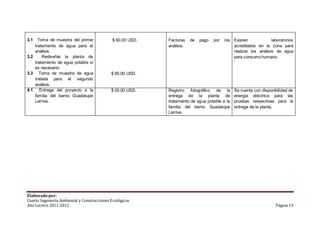 3.1 Toma de muestra del primer 
tratamiento de agua para el 
análisis. 
3.2 Rediseñar la planta de 
tratamiento de agua potable si 
es necesario. 
3.3 Toma de muestra de agua 
tratada para el segundo 
análisis. 
$ 60.00 USD. 
$ 60.00 USD. 
Facturas de pago por los 
análisis. 
Existen laboratorios 
acreditados en la zona para 
realizar los análisis de agua 
para consumo humano. 
4.1 Entrega del proyecto a la 
familia del barrio Guadalupe 
Larriva. 
$ 00.00 USD. Registro fotográfico de la 
entrega de la planta de 
tratamiento de agua potable a la 
familia del barrio Guadalupe 
Larriva. 
Se cuenta con disponibilidad de 
energía eléctrica para las 
pruebas respectivas para la 
entrega de la planta. 
Elaborado por: 
Cuarto Ingeniería Ambiental y Construcciones Ecológicas 
Año Lectivo 2011-2012 Página 13 
 