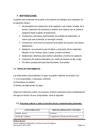 7. METODOLOGÍA. 
La planta será construida de acuerdo a los diseños, los trabajos se lo realizaran de 
la siguiente manera: 
1 Se procederá a la construcción de la captación, que incluye montaje de la 
bomba, colocación de accesorios y tendido de la tubería que va desde la 
captación hasta la planta de tratamiento. 
2 Construcción del tanque sedimentador de la planta de tratamiento, el 
mismo que será construido en hormigón armado. 
3 Construcción de la torre de aireación de la planta de acuerdo a los planos 
establecidos. 
4 Instalación de accesorios para los filtros y colocación de los materiales 
filtrantes en los mismos (ripios, arenas y carbón activado). 
5 Instalaciones eléctricas para sistema automático y bomba de captación. 
6 Colocación de sistema automático por medio de radares de alta y baja. 
7 Por último pruebas del buen funcionamiento de la planta. 
7.1 TIPOS DE TRATAMIENTO 
Los tratamientos para potabilizar el agua, se pueden clasificar de acuerdo con: 
1) Los componentes o impurezas a eliminar. 
2) Parámetros de calidad. 
3) Grados de tratamientos de agua 
Según los anteriores puntos, los procesos unitarios necesarios para la potabilización 
del agua en función de sus componentes sería la siguiente: 
7.2 Procesos a llevar a cabo en función de los contaminantes presentes. 
CONTAMINANTE TIPO DE OPERACIÓN UNITARIA 
Sólidos gruesos Desbaste 
Partículas coloidales Coagulación+Floculación+Decantación 
Elaborado por: 
Cuarto Ingeniería Ambiental y Construcciones Ecológicas 
Año Lectivo 2011-2012 Página 14 
 