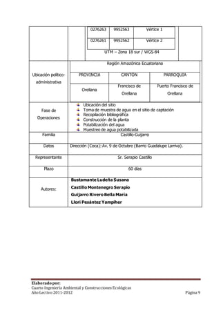 0276263 9952563 Vértice 1 
0276261 9952562 Vértice 2 
UTM – Zona 18 sur / WGS-84 
Ubicación político-administrativa 
Región Amazónica Ecuatoriana 
PROVINCIA CANTÓN PARROQUIA 
Orellana 
Francisco de 
Orellana 
Puerto Francisco de 
Orellana 
Fase de 
Operaciones 
Ubicación del sitio 
Toma de muestra de agua en el sitio de captación 
Recopilación bibliográfica 
Construcción de la planta 
Potabilización del agua 
Muestreo de agua potabilizada 
Familia Castillo-Guijarro 
Datos Dirección (Coca): Av. 9 de Octubre (Barrio Guadalupe Larriva). 
Representante Sr. Serapio Castillo 
Plazo 60 días 
Autores: 
Bustamante Ludeña Susana 
Castillo Montenegro Serapio 
Guijarro Rivero Bella María 
Llori Pesántez Yampiher 
Elaborado por: 
Cuarto Ingeniería Ambiental y Construcciones Ecológicas 
Año Lectivo 2011-2012 Página 9 
 