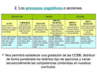 2.  Los  procesos cognitivos   o acciones. Nos permitirá establecer una gradación de las CCBB, distribuir de forma ponderada los distintos tipo de ejercicios y vaciar secuencialmente las competencias contenidas en nuestros currículos. 