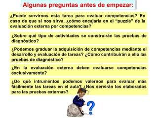 ¿Puede servirnos esta tarea para evaluar competencias? En caso de que sí nos sirva, ¿cómo encajarla en el “puzzle” de la evaluación externa por competencias? ¿Podemos graduar la adquisición de competencias mediante el desarrollo y evaluación de tareas?   ¿Cómo contribuirán a ello las pruebas de diagnóstico? ¿Sobre qué tipo de actividades se construirán las pruebas de diagnóstico?   ¿De qué intrumentos podemos valernos para evaluar más fácilmente las tareas en el aula?   ¿Nos servirán los elaborados para las pruebas externas? Algunas preguntas antes de empezar: ¿En la evaluación externa deben evaluarse competencias exclusivamente?   