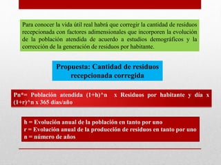Para conocer la vida útil real habrá que corregir la cantidad de residuos
recepcionada con factores adimensionales que incorporen la evolución
de la población atendida de acuerdo a estudios demográficos y la
corrección de la generación de residuos por habitante.
Propuesta: Cantidad de residuos
recepcionada corregida
Pn*= Población atendida (1+h)^n x Residuos por habitante y día x
(1+r)^n x 365 días/año
h = Evolución anual de la población en tanto por uno
r = Evolución anual de la producción de residuos en tanto por uno
n = número de años
 