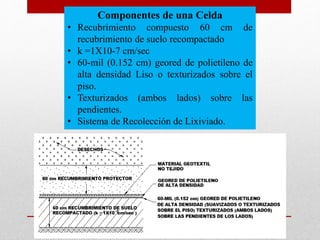 Componentes de una Celda
• Recubrimiento compuesto 60 cm de
recubrimiento de suelo recompactado
• k =1X10-7 cm/sec
• 60-mil (0.152 cm) geored de polietileno de
alta densidad Liso o texturizados sobre el
piso.
• Texturizados (ambos lados) sobre las
pendientes.
• Sistema de Recolección de Lixiviado.
Componentes del Recubrimiento
 