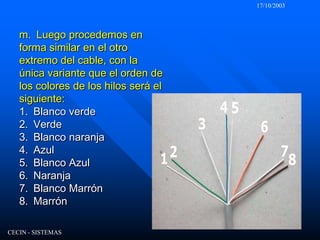 17/10/2003CECIN - SISTEMASm.  Luego procedemos en forma similar en el otro extremo del cable, con la única variante que el orden de los colores de los hilos será el siguiente:1.  Blanco verde2.  Verde3.  Blanco naranja4.  Azul5.  Blanco Azul6.  Naranja7.  Blanco Marrón8.  Marrón