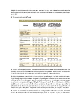 Basada en las normas norteamericanas NTC 5680 y NTC 5681, que regulan láminas de acero y
perfilesestructuralesynoestructurales,laNSR-10contienedosaspectossignificativosqueinfluyen
en la CLS:
1. Cargas de materiales (placas)
El Título B, referente a las cargas, compara los pesos de los materiales del sistema tradicional con
los de la construcción liviana y presenta los requisitos mínimos que deben cumplir los proyectos
respecto a las fuerzas adicionales que eventualmente pueda imponer un sismo.
Es decir,que paraque unaestructurasismorresistente cumplasuobjetivo,debe resistir,ademásde
losefectosdelsismo,lascargasque seindicanenlastablasqueincluyelanorma.Lascargasmuertas
mínimasde los elementosnoestructuralesverticalesenlosmuros,por ejemplo,muestranque un
exteriorconenchape de ladrillopesa150kgf/m²másque el yesode 15mm aisladoyconentablado
de 10 mm. A partir de esta tabla de valores también se desprende otro dato que ejemplifica la
diferencia de los dos sistemas constructivos: un muro de mampostería de 10 cm, pañetado por
ambas caras, pesa 180 kgf/m², comparado con el mismo yeso de 15 mm, el cual pesa 100 kgf/m².
El análisis de estos datos permite identificar las ventajas de los materiales asociados al sistema
liviano. Al reemplazar divisiones en mampostería por placas de drywall o de yeso, se reducen las
 