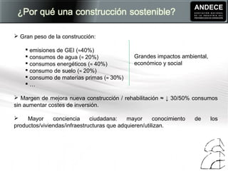  Gran peso de la construcción:
 emisiones de GEI (≈40%)
 consumos de agua (≈ 20%)
 consumos energéticos (≈ 40%)
 cons...