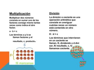 Multiplicación                  División
Multiplicar dos números         La división o cociente es una
consiste en sumar uno de los    operación aritmética que
factores consigo mismo tantas   consiste en averiguar
veces como indica el otro       cuántas veces un número
factor.                         está contenido en otro
a·b=c                           número.
Los términos a y b se           D:d=c
   llaman factores y el         Los términos que intervienen
   resultado, c, producto .     en un cociente se
                                llaman, D, dividendo y d divi
                                sor. Al resultado, c, lo
                                llamamos cociente.
 