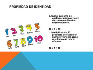 PROPIEDAD DE IDENTIDAD

                    a. Suma. La suma de
                        cualquier número y cero
                        da como resultado el
                        mismo número.

                    12 + 0 = 12
                    b. Multiplicación, El
                       producto de cualquier
                       número y uno da como
                       resultado ese mismo
                       número.

                    18 x 1 = 18
 