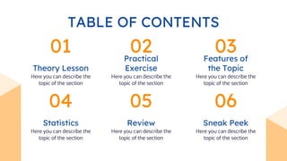 TABLE OF CONTENTS
05
Theory Lesson
Practical
Exercise
Here you can describe the
topic of the section
Features of
the Topic...