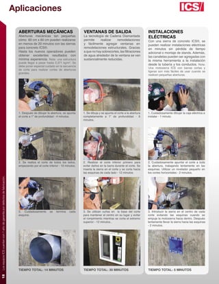 Aplicaciones

                                                                               ABERTURAS MECÁNICAS                             VENTANAS DE SALIDA                                INSTALACIONES
                                                                               Aberturas mecánicas tan pequeñas                La tecnología de Cadena Diamantada                ELÉCTRICAS
                                                                               cómo 60 cm x 60 cm pueden realizarse            permite    realizar    remodelaciones             Con una sierra de concreto ICS®, se
                                                                               en menos de 20 minutos con las sierras          y fácilmente agregar ventanas en                  pueden realizar instalaciones eléctricas
                                                                               para concreto ICS®.                             remodelaciones estructurales. Gracias             en minutos sin pérdida de tiempo
                                                                               Hasta los nuevos operadores pueden              a que no hay sobrecortes, las ﬁltraciones         adicional o montaje de stands. Además,
                                                                               obtener excelentes resultados con               de agua alrededor de la ventana se ven            las canaletas pueden ser agregadas con
                                                                               mínima experiencia. Nota: una estructura        sustancialmente reducidas.                        la misma herramienta a la instalación
                                                                               puede llegar a pesar hasta 2,371 kg/m2. Se
                                                                                                                                                                                 desde la tubería y los conductos. Nota:
                                                                               debe poner especial cuidado en la secuencia
                                                                                                                                                                                 Una motosierra ICS con barras cortas y
                                                                               de corte para realizar cortes de aberturas
                                                                                                                                                                                 ligeras son más fáciles de usar cuando se
                                                                               grandes.
                                                                                                                                                                                 realicen pequeñas aberturas.




                                                                               1. Después de dibujar la abertura, se apunta    1. Se dibuja y se apunta el corte a la abertura   1. Cuidadosamente dibujar la caja eléctrica a
                                                                               el corte a 1” de profundidad - 4 minutos.       completamente a 1” de profundidad - 6             instalar - 1 minuto.
                                                                                                                               minutos.




                                                                               2. Se realiza el corte de todos los lados,      2. Realizar el corte inferior primero para        2. Cuidadosamente apuntar el corte a toda
                                                                               empezando por el corte inferior - 10 minutos.   evitar daños en la barra durante el corte. Se     la abertura, trabajando lentamente en las
                                                                                                                               inserta la sierra en el corte y se corta hacia    esquinas. Utilizar un nivelador pequeño en
                                                                                                                               las esquinas de cada lado - 12 minutos.           los cortes horizontales - 2 minutos.
Los equipos ICS cuentan con 1 año de garantía por defectos de fabricación.




                                                                               3. Cuidadosamente       se   termina    cada    3. Se utilizan cuñas en la base del corte         3. Introducir la sierra en el centro de cada
                                                                               esquina.                                        para mantener el centro en su lugar y evitar      corte evitando las esquinas cuando se
                                                                                                                               el rompimiento mientras se corta el extremo       empuje la motosierra hacia dentro. Después
                                                                                                                               superior - 12 minutos..                           lentamente llevar la sierra hacia las esquinas
                                                                                                                                                                                 - 2 minutos.




                                                                               TIEMPO TOTAL: 14 MINUTOS                        TIEMPO TOTAL: 30 MINUTOS                          TIEMPO TOTAL: 5 MINUTOS
18
 