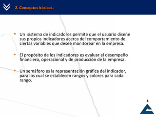 2. Conceptos básicos.  Un  sistema de indicadores permite que el usuario diseñe sus propios indicadores acerca del comportamiento de ciertas variables que desee monitorear en la empresa. El propósito de los indicadores es evaluar el desempeño financiero, operacional y de producción de la empresa. Un semáforo es la representación gráfica del indicador, para los cual se establecen rangos y colores para cada rango. 
