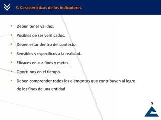 3. Características de los indicadores Deben tener validez. Posibles de ser verificados. Deben estar dentro del contexto. Sensibles y específicos a la realidad. Eficaces en sus fines y metas. Oportunos en el tiempo. Deben comprender todos los elementos que contribuyen al logro de los fines de una entidad 