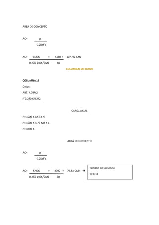 AREA DE CONCEPTO
AC= p
0.20xf’c
AC= 5180K = 5180 = 107, 92 CM2
0.20X 240K/CM2 48
COLUMNAS DE BORDE
COLUMNA1B
Datos:
ART: 4.79M2
F’C:240 K/CM2
CARGA AXIAL
P= 1000 X ART X N
P= 1000 X 4.79 M2 X 1
P= 4790 K
AREA DE CONCEPTO
AC= p
0.25xf’c
AC= 4790K = 4790 = 79,83 CM2 --
0.25X 240K/CM2 60
Tamaño de Columna
10 X 12
 