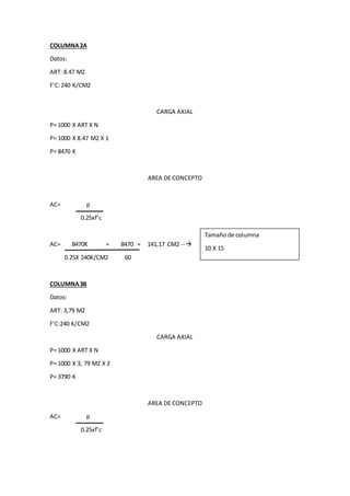 COLUMNA2A
Datos:
ART: 8.47 M2
F’C:240 K/CM2
CARGA AXIAL
P= 1000 X ART X N
P= 1000 X 8.47 M2 X 1
P= 8470 K
AREA DE CONCEPTO
AC= p
0.25xf’c
AC= 8470K = 8470 = 141,17 CM2 --
0.25X 240K/CM2 60
COLUMNA3B
Datos:
ART: 3,79 M2
F’C:240 K/CM2
CARGA AXIAL
P= 1000 X ART X N
P= 1000 X 3, 79 M2 X 2
P= 3790 K
AREA DE CONCEPTO
AC= p
0.25xf’c
Tamaño de columna
10 X 15
 