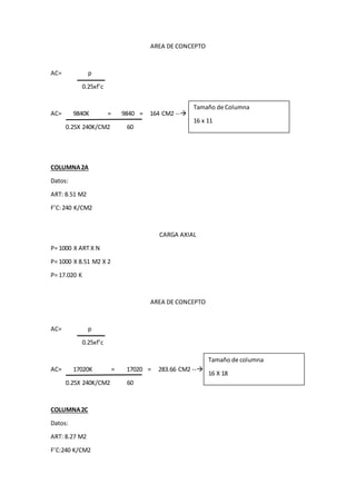 AREA DE CONCEPTO
AC= p
0.25xf’c
AC= 9840K = 9840 = 164 CM2 --
0.25X 240K/CM2 60
COLUMNA2A
Datos:
ART: 8.51 M2
F’C:240 K/CM2
CARGA AXIAL
P= 1000 X ART X N
P= 1000 X 8.51 M2 X 2
P= 17.020 K
AREA DE CONCEPTO
AC= p
0.25xf’c
AC= 17020K = 17020 = 283.66 CM2 --
0.25X 240K/CM2 60
COLUMNA2C
Datos:
ART: 8.27 M2
F’C:240 K/CM2
Tamaño de Columna
16 x 11
Tamaño de columna
16 X 18
 