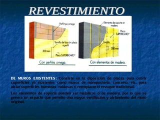 REVESTIMIENTO DE MUROS EXISTENTES:  Consiste en la diposicion de placas para cubrir superficies ya existentes como muros de mamposteria, concreto, etc, para aislar superficies humedas, ruidosas o reemplazar el revoque tradicional. Los elementos de soporte pueden ser metalicos o de madera, por lo que se genera un espacio que permite una mayor ventilacion y aislamiento del muro original. 