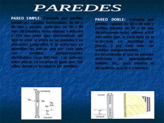 PAREDES PARED SIMPLE:  Formada por perfiles metalicos: canales horizontales de 60 o 90 mm y parales verticales de 59 o 89 mm, distribuidos estos ultimos a 406 mm o 610 mm entre ejes dependiendo del tipo de obra, la altura de las paredes y su ubicacion geografica. A la estructura se atornillan las placas una por cada lado con tornillos autoperforantes distribuidos cada 300 mm . Las uniones entre placas se resanan al igual que  los sitios donde se instalaron los tornillos.  PARED DOBLE:  Formada por perfiles canales de 60 o 90 mm y perfiles parales de 59 o 89 mm distribuyendo estos ultimos a 610 mm entre ejes. A cada lado de la estructura se atornillan las placas, 2 por cada lado con tornillos autoperforantes. Se recomienda el uso en paredes divisorias de apartamentos, hoteles, etc., para mejorar el aislamiento acustico y termico .  
