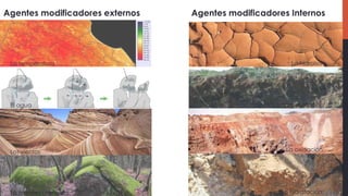 Agentes modificadores externos
La temperatura
Agentes modificadores Internos
El agua
Los vientos
La materia orgánica
La hidrolisis
La carbonatación
La oxidación
La hidratación
 