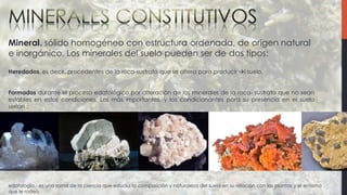 Mineral. sólido homogéneo con estructura ordenada, de origen natural
e inorgánico. Los minerales del suelo pueden ser de dos tipos:
Heredados, es decir, procedentes de la roca-sustrato que se altera para producir l suelo,
Formados durante el proceso edafológico por alteración de los minerales de la roca- sustrato que no sean
estables en estas condiciones. Los más importantes, y los condicionantes para su presencia en el suelo
serían :
edafología.- es una rama de la ciencia que estudia la composición y naturaleza del suelo en su relación con las plantas y el entorno
que le rodea.
 