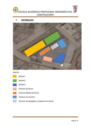 ESCUELA ACADÉMICA PROFESIONAL INGENIERÍA CIVIL
CONSTRUCCIÓN I
Página 16
V. DISTRIBUCIÓN
leyenda
:Modulo1
:Modulo2
:Modulo3
:Almacen de fierros
:Area de abilitado de fierros
:Almacen de cemento
:Almacen de agregados y prepacion de mezcla
 