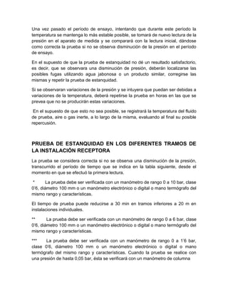 Una vez pasado el período de ensayo, intentando que durante este período la 
temperatura se mantenga lo más estable posible, se tomará de nuevo lectura de la 
presión en el aparato de medida y se comparará con la lectura inicial, dándose 
como correcta la prueba si no se observa disminución de la presión en el período 
de ensayo. 
En el supuesto de que la prueba de estanquidad no dé un resultado satisfactorio, 
es decir, que se observara una disminución de presión, deberán localizarse las 
posibles fugas utilizando agua jabonosa o un producto similar, corregirse las 
mismas y repetir la prueba de estanquidad. 
Si se observaran variaciones de la presión y se intuyera que puedan ser debidas a 
variaciones de la temperatura, deberá repetirse la prueba en horas en las que se 
prevea que no se producirán estas variaciones. 
En el supuesto de que esto no sea posible, se registrará la temperatura del fluido 
de prueba, aire o gas inerte, a lo largo de la misma, evaluando al final su posible 
repercusión. 
PRUEBA DE ESTANQUIDAD EN LOS DIFERENTES TRAMOS DE 
LA INSTALACIÓN RECEPTORA 
La prueba se considera correcta si no se observa una disminución de la presión, 
transcurrido el período de tiempo que se indica en la tabla siguiente, desde el 
momento en que se efectuó la primera lectura. 
* La prueba debe ser verificada con un manómetro de rango 0 a 10 bar, clase 
0’6, diámetro 100 mm o un manómetro electrónico o digital o mano termógrafo del 
mismo rango y características. 
El tiempo de prueba puede reducirse a 30 min en tramos inferiores a 20 m en 
instalaciones individuales. 
** La prueba debe ser verificada con un manómetro de rango 0 a 6 bar, clase 
0’6, diámetro 100 mm o un manómetro electrónico o digital o mano termógrafo del 
mismo rango y características. 
*** La prueba debe ser verificada con un manómetro de rango 0 a 1’6 bar, 
clase 0’6, diámetro 100 mm o un manómetro electrónico o digital o mano 
termógrafo del mismo rango y características. Cuando la prueba se realice con 
una presión de hasta 0,05 bar, ésta se verificará con un manómetro de columna 
 