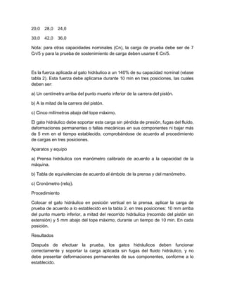 20,0 28,0 24,0 
30,0 42,0 36,0 
Nota: para otras capacidades nominales (Cn), la carga de prueba debe ser de 7 
Cn/5 y para la prueba de sostenimiento de carga deben usarse 6 Cn/5. 
Es la fuerza aplicada al gato hidráulico a un 140% de su capacidad nominal (véase 
tabla 2). Esta fuerza debe aplicarse durante 10 min en tres posiciones, las cuales 
deben ser: 
a) Un centímetro arriba del punto muerto inferior de la carrera del pistón. 
b) A la mitad de la carrera del pistón. 
c) Cinco milímetros abajo del tope máximo. 
El gato hidráulico debe soportar esta carga sin pérdida de presión, fugas del fluido, 
deformaciones permanentes o fallas mecánicas en sus componentes ni bajar más 
de 5 mm en el tiempo establecido, comprobándose de acuerdo al procedimiento 
de cargas en tres posiciones. 
Aparatos y equipo 
a) Prensa hidráulica con manómetro calibrado de acuerdo a la capacidad de la 
máquina. 
b) Tabla de equivalencias de acuerdo al émbolo de la prensa y del manómetro. 
c) Cronómetro (reloj). 
Procedimiento 
Colocar el gato hidráulico en posición vertical en la prensa, aplicar la carga de 
prueba de acuerdo a lo establecido en la tabla 2, en tres posiciones: 10 mm arriba 
del punto muerto inferior, a mitad del recorrido hidráulico (recorrido del pistón sin 
extensión) y 5 mm abajo del tope máximo, durante un tiempo de 10 min. En cada 
posición. 
Resultados 
Después de efectuar la prueba, los gatos hidráulicos deben funcionar 
correctamente y soportar la carga aplicada sin fugas del fluido hidráulico, y no 
debe presentar deformaciones permanentes de sus componentes, conforme a lo 
establecido. 
 