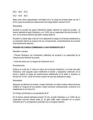 20,0 28,0 24,0 
30,0 42,0 36,0 
Nota: para otras capacidades nominales (Cn), la carga de prueba debe ser de 7 
Cn/5 y para la prueba de sostenimiento de carga deben usarse 6 Cn/5. 
Resultados 
Durante la prueba los gatos hidráulicos deben soportar la carga de prueba, la 
fuerza aplicada al gato hidráulico a un 120% de su capacidad nominal durante 10 
min. en la carrera máxima del pistón (véase tabla 2). 
El pistón no debe bajar más de 5 mm aplicando la carga en el tiempo establecido y 
no presentar daños en ninguno de sus componentes, comprobándose de acuerdo 
al procedimiento descrito. 
PRUEBA DE CARGA COMBINADA A UNA PENDIENTE DE 4° 
Aparatos y equipo 
- Prensa hidráulica con manómetro calibrado de acuerdo a la capacidad de la 
máquina para efectuar la prueba. 
- Cuña de acero con un ángulo de inclinación de 4°. 
Procedimiento 
Colocar la cuña de 4° entre la mesa de la prensa hidráulica y la base del gato 
hidráulico, acto seguido sacar totalmente el pistón y dispositivo extensión (si lo 
tiene) y aplicar la carga de sostenimiento establecida en la tabla 2, durante un 
tiempo de 10 min. iniciar el conteo a partir de que sea aplicada la carga. 
Resultados 
Después de efectuar la prueba, el gato hidráulico no debe mostrar deformaciones 
visibles en ninguna de sus partes y debe funcionar correctamente, conforme a lo 
establecido en el inciso 5.4. 
5.4 Carga combinada a una pendiente de 4º 
Es la fuerza vertical aplicada durante 10 min. al gato hidráulico a un 120% de su 
capacidad nominal (véase tabla 2). El gato debe estar colocado en un plano 
inclinado de 4º y el dispositivo extensión en su longitud máxima. 
 