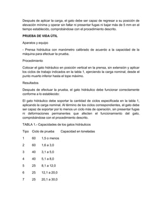 Después de aplicar la carga, el gato debe ser capaz de regresar a su posición de 
elevación mínima y operar sin fallar ni presentar fugas ni bajar más de 5 mm en el 
tiempo establecido, comprobándose con el procedimiento descrito. 
PRUEBA DE VIDA ÚTIL 
Aparatos y equipo 
- Prensa hidráulica con manómetro calibrado de acuerdo a la capacidad de la 
máquina para efectuar la prueba. 
Procedimiento 
Colocar el gato hidráulico en posición vertical en la prensa, sin extensión y aplicar 
los ciclos de trabajo indicados en la tabla 1, ejerciendo la carga nominal, desde el 
punto muerto inferior hasta el tope máximo. 
Resultados 
Después de efectuar la prueba, el gato hidráulico debe funcionar correctamente 
conforme a lo establecido: 
El gato hidráulico debe soportar la cantidad de ciclos especificada en la tabla 1, 
aplicando la carga nominal. Al término de los ciclos correspondientes, el gato debe 
ser capaz de soportar por lo menos un ciclo más de operación, sin presentar fugas 
ni deformaciones permanentes que afecten el funcionamiento del gato, 
comprobándose con el procedimiento descrito. 
TABLA 1.- Capacidades de los gatos hidráulicos 
Tipo Ciclo de prueba Capacidad en toneladas 
1 60 1,5 o menos 
2 60 1,6 a 3,0 
3 40 3,1 a 5,0 
4 40 5,1 a 8,0 
5 25 8,1 a 12,0 
6 25 12,1 a 20,0 
7 25 20,1 a 30,0 
 