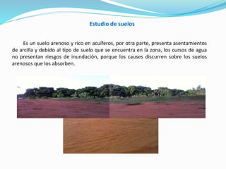 Estudio de suelos
Es un suelo arenoso y rico en acuíferos, por otra parte, presenta asentamientos
de arcilla y debido al tipo de suelo que se encuentra en la zona, los cursos de agua
no presentan riesgos de inundación, porque los causes discurren sobre los suelos
arenosos que los absorben.
 