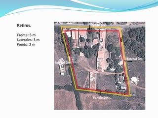 Retiros.
Frente: 5 m
Laterales: 3 m
Fondo: 2 m
 