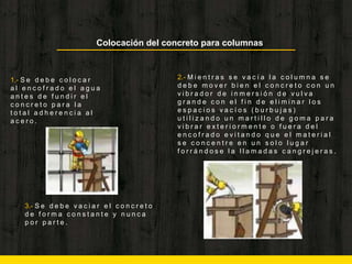 3.- S e d e b e v a c i a r e l c o n c r e t o
d e f o r m a c o n s t a n t e y n u n c a
p o r p a r t e .
Colocación del concreto para columnas
1.- S e d e b e c o l o c a r
a l e n c o f r a d o e l a g u a
a n t e s d e f u n d i r e l
c o n c r e t o p a r a l a
t o t a l a d h e r e n c i a a l
a c e r o .
2.- M i e n t r a s s e v a c í a l a c o l u m n a s e
d e b e m o v e r b i e n e l c o n c r e t o c o n u n
v i b r a d o r d e i n m e r s i ó n d e v u l v a
g r a n d e c o n e l f i n d e e l i m i n a r l o s
e s p a c i o s v a c í o s ( b u r b u j a s )
u t i l i z a n d o u n m a r t i l l o d e g o m a p a r a
v i b r a r e x t e r i o r m e n t e o f u e r a d e l
e n c o f r a d o e v i t a n d o q u e e l m a t e r i a l
s e c o n c e n t r e e n u n s o l o l u g a r
f o r r á n d o s e l a l l a m a d a s c a n g r e j e r a s .
 