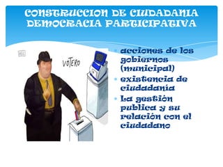 acciones de los
gobiernos
(municipal)
existencia de
ciudadanía
La gestión
publica y su
relación con el
ciudadano
CONSTRUCCION DE CIUDADANIA
DEMOCRACIA PARTICIPATIVA
 