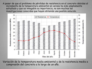 La fabricación de concreto premezclado, en condiciones climáticas extremas, ya sean de altas temperaturas o de bajas temperaturas, influye de manera directa en sus características en cualquier etapa del mismo: mezclado, transporte, colocación, curado, así como en las propiedades físicas y mecánicas. Ello constituye una preocupación tanto para los fabricantes como para los constructores, por las evidentes consecuencias negativas que puede tener. Asimismo, dentro del sector de la construcción es muy conocido que se dan pérdidas de resistencia en los periodos estivales, ya que según los resultados que se obtienen en los laboratorios año tras año, se observa dicho fenómeno de forma recurrente 